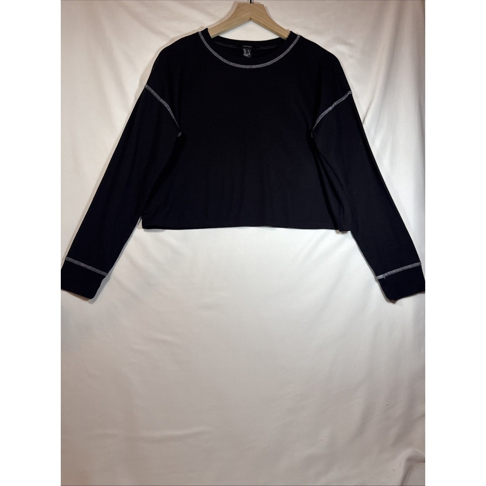 Forever 21 Women's Black Crop Top Rounded Neck Long Sleeve Size Medium